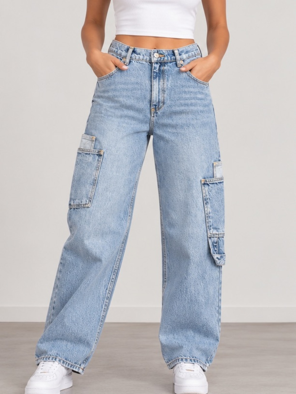 Zara Light Blue Wide-Leg Cargo Jeans